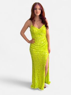 Sparkling Neon Green Sequin Prom Gown with Slit